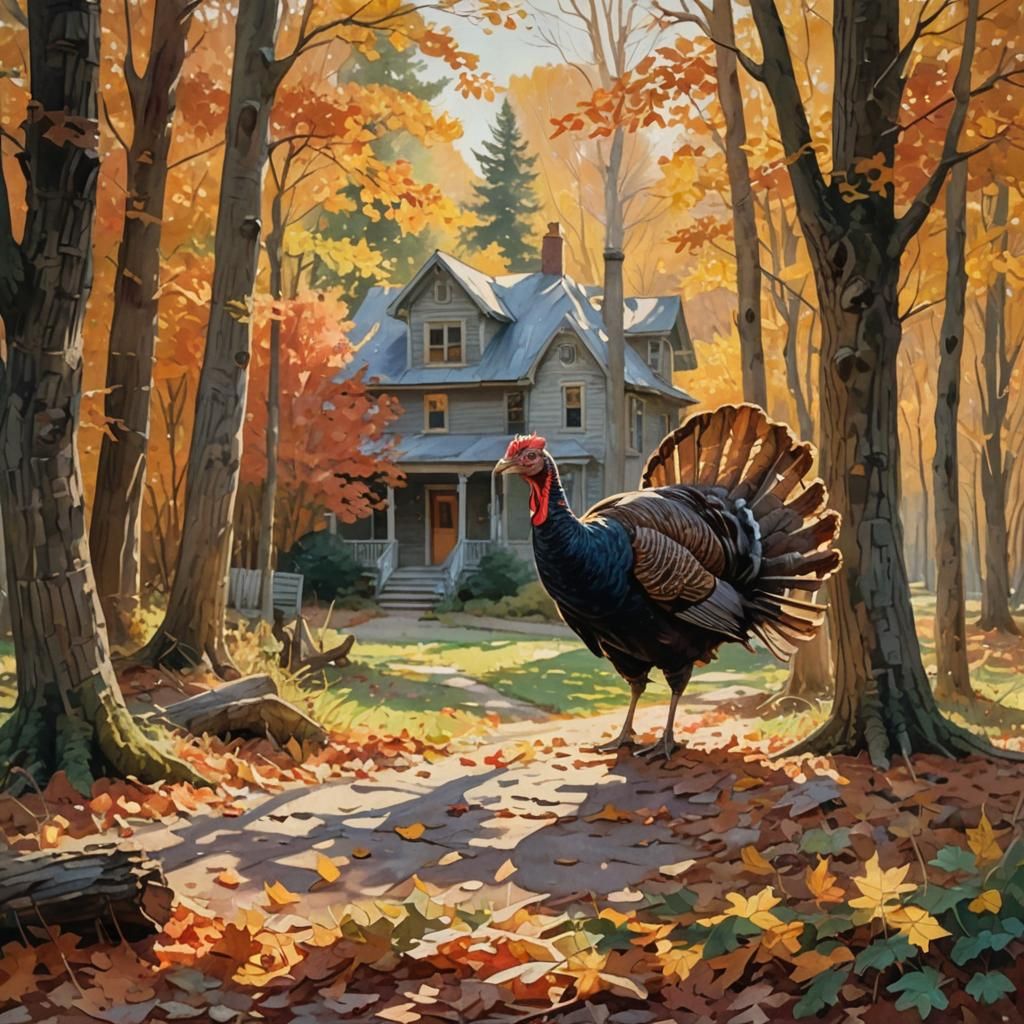 Wild Turkey on Autumn Morning: Impressionist Gouache