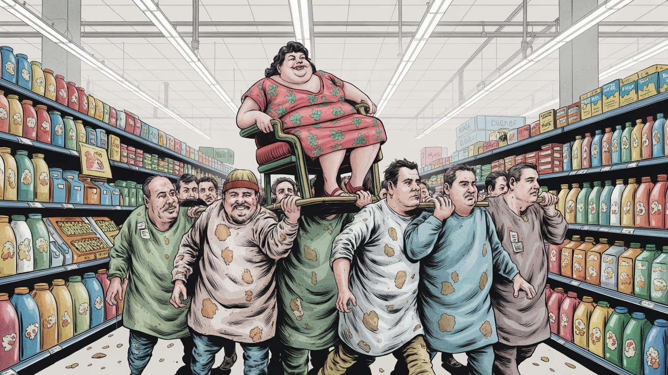 Darkly Humorous Illustration of Supermarket Procession