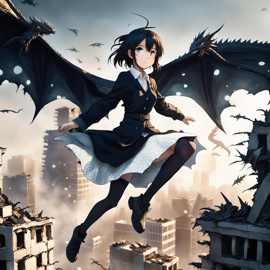 Anime Girl with Dragon Wings over Ruined City