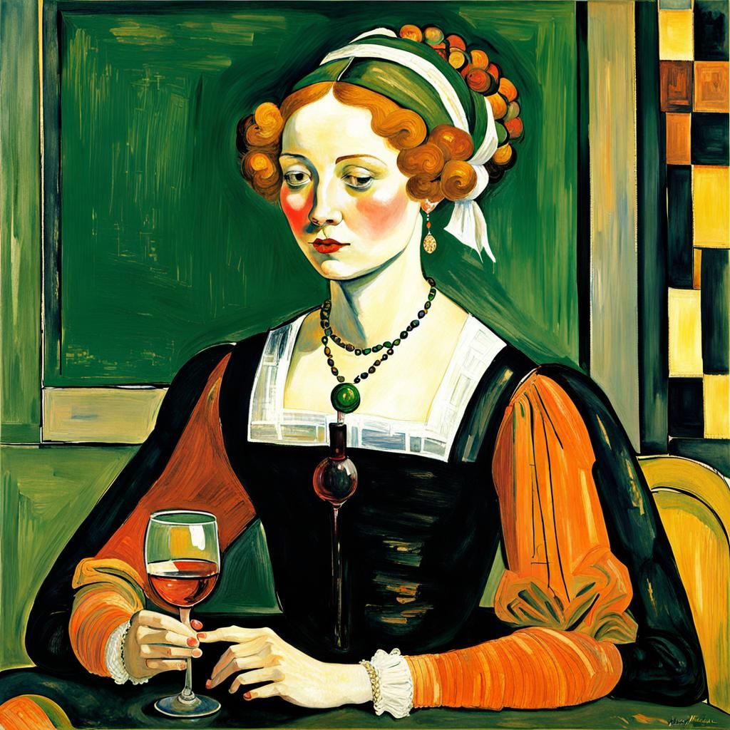 Woman Celebrates with Wine in Classic Art Styles