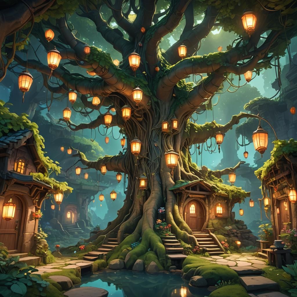 Luminous Underground Tree Dwelling: Anime-Inspired 3D Render