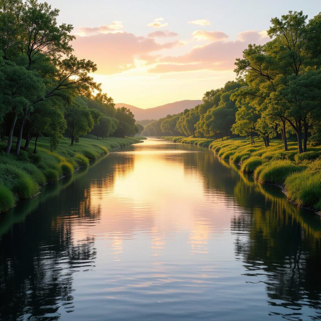 Peaceful Valley River at Sunrise, Photorealistic Wide Angle