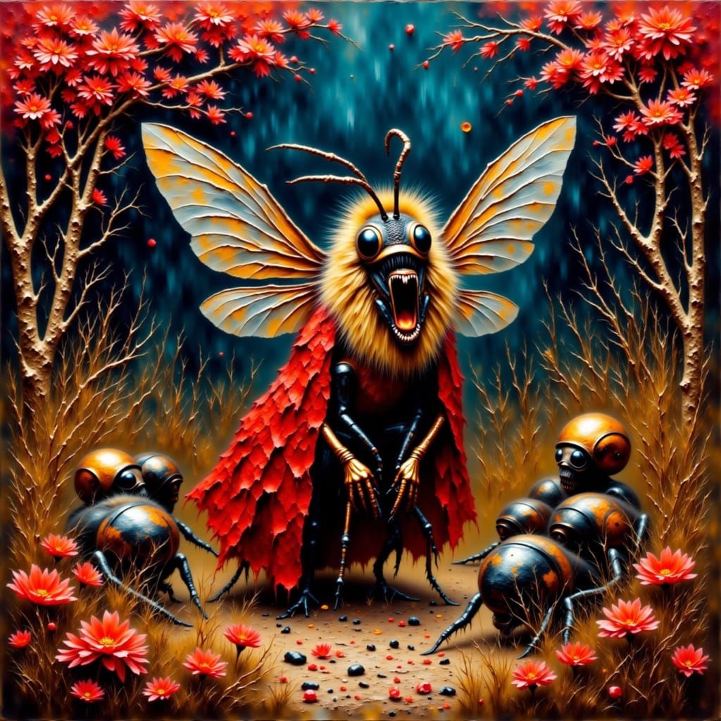 Surreal Queen Bee Reigns in a Dark, Abstract Garden