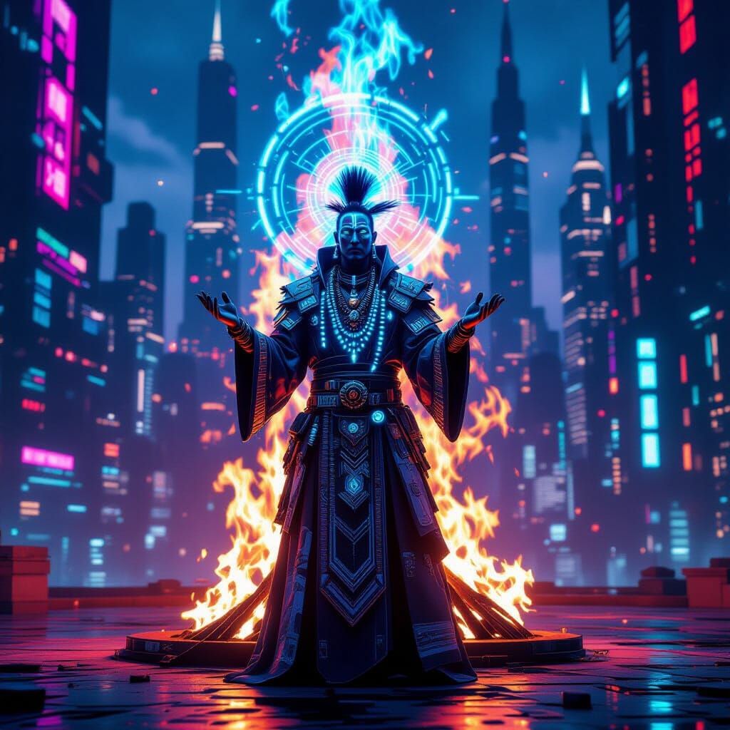 Cyberpunk Shaman Chanting Before Holographic Bonfire