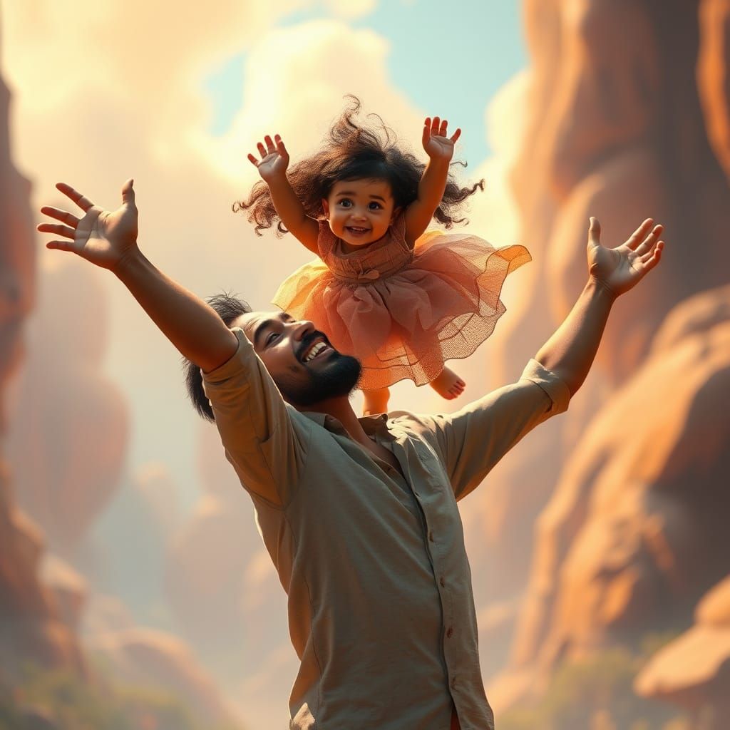 Joyful Father and Daughter in Dreamlike Landscape