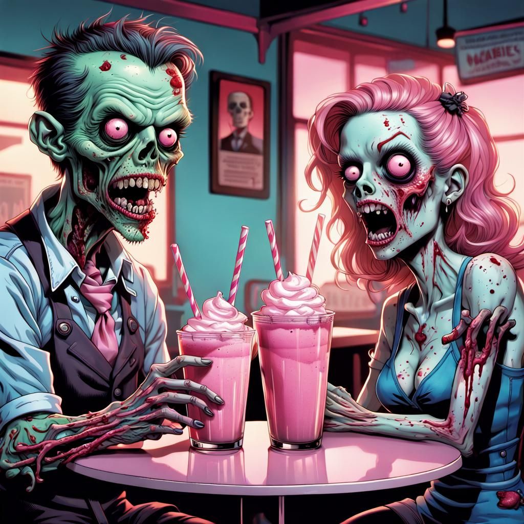 Zombie Date in a Macabre Diner, Pop Art Style