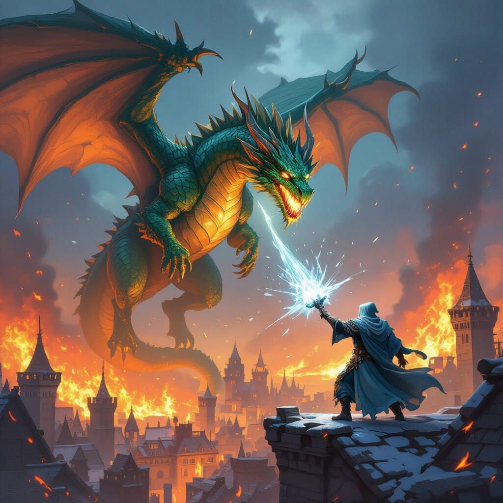 Dragon Attacks Medieval City with Ice Wizard Defense