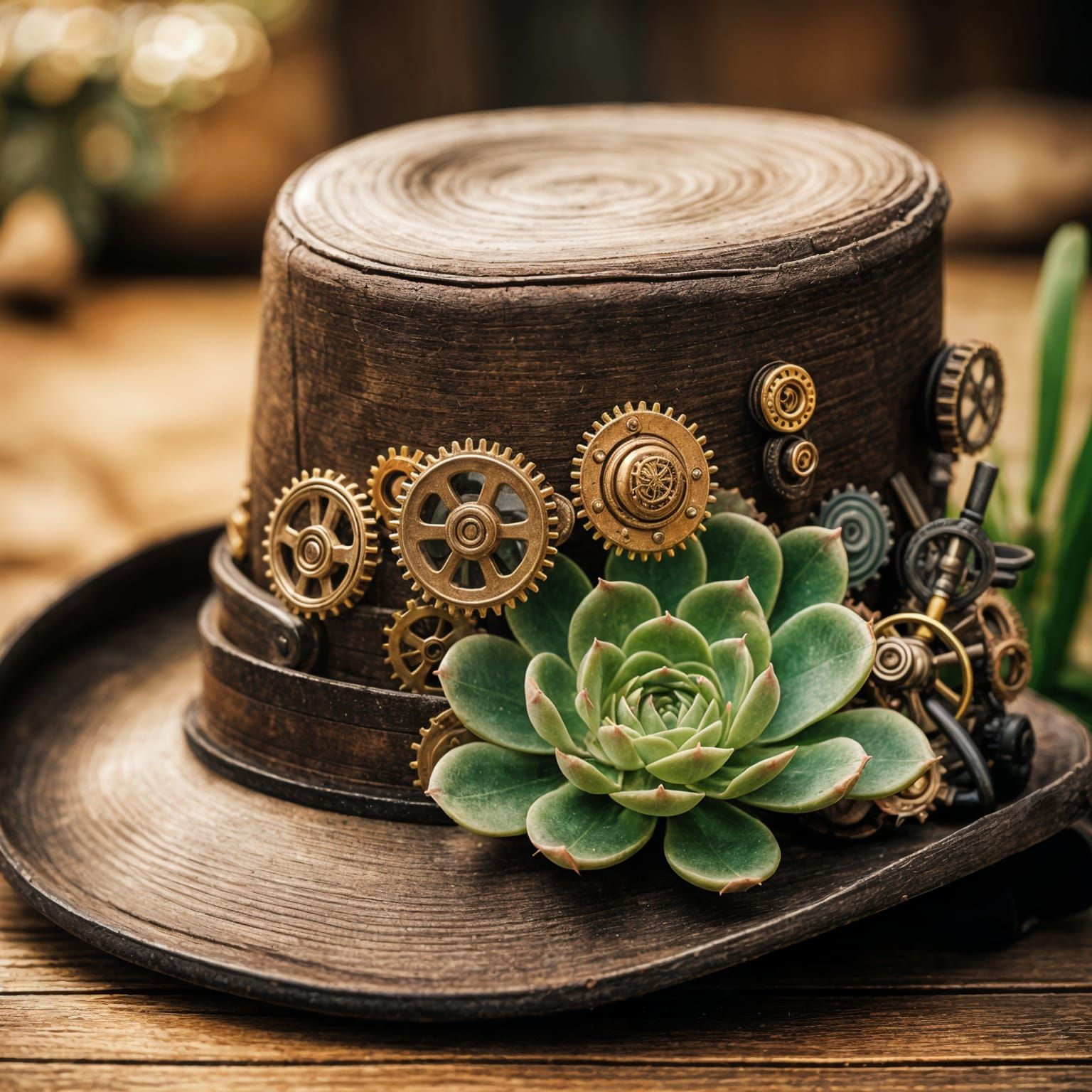 Steampunk Succulent Hat on Wooden Table