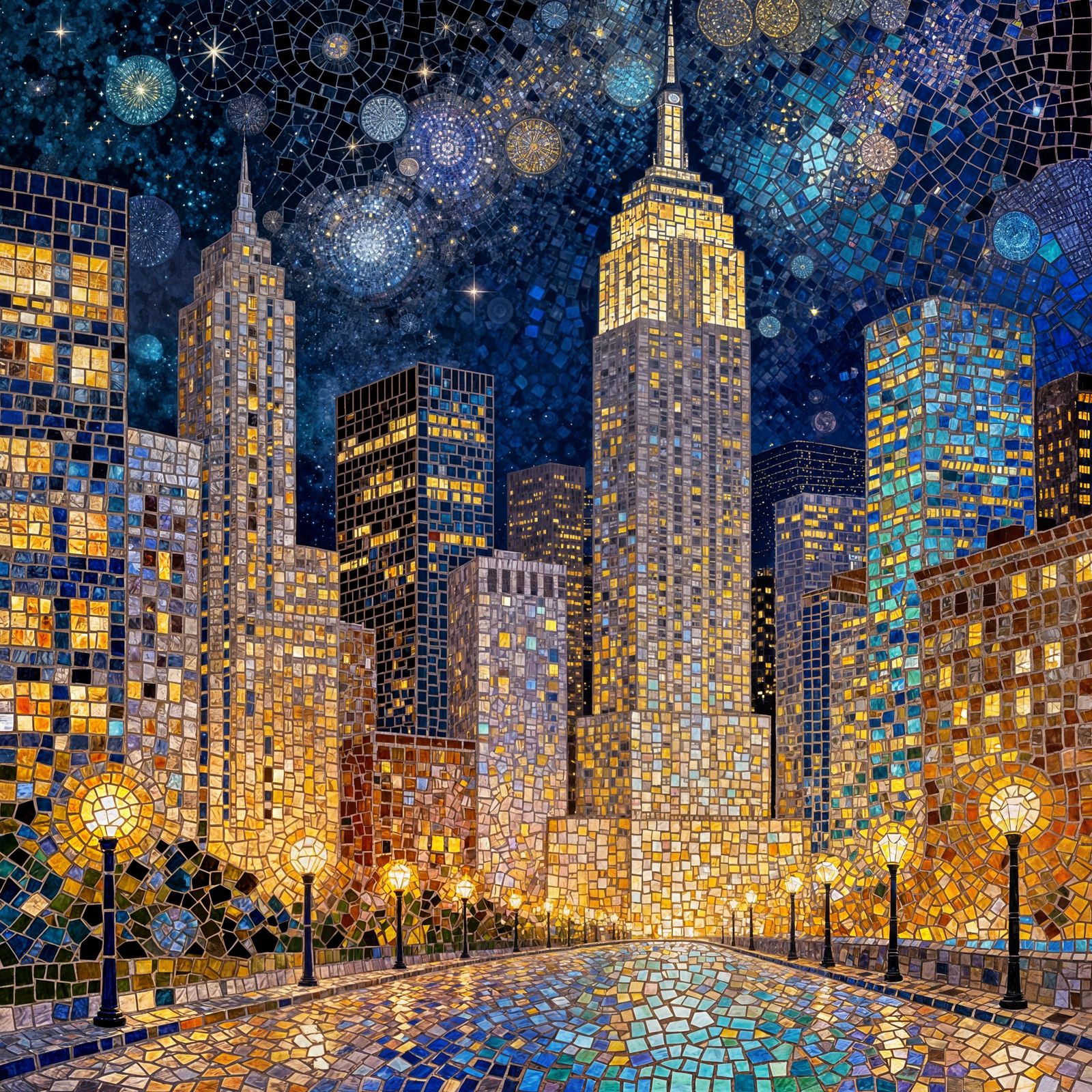 Dreamy Mosaic Night City Skyline Art