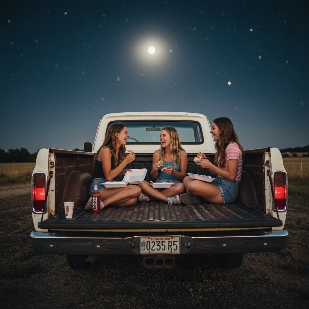 Girls Eating Stir Fry on a Chevy Truck Bed