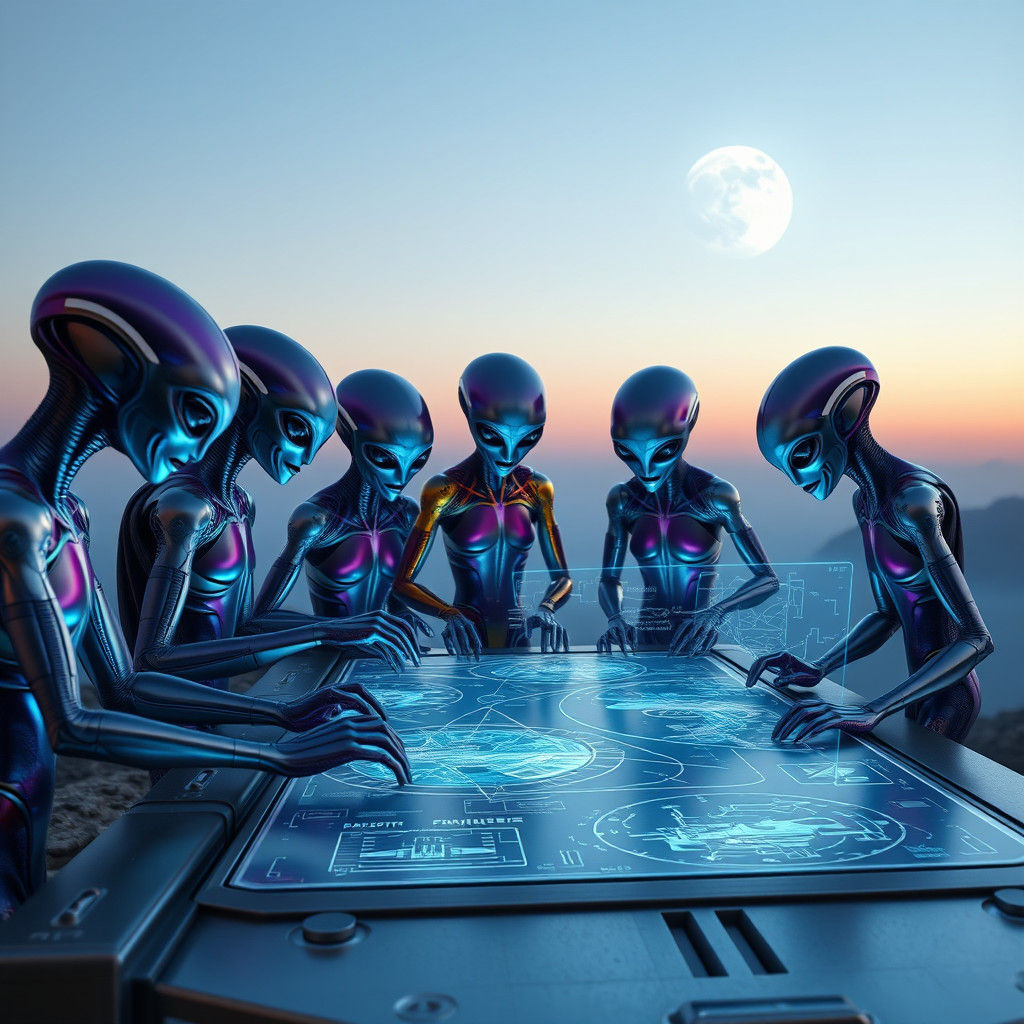 Colorful Aliens Study Blueprints Under Moonlit Sky