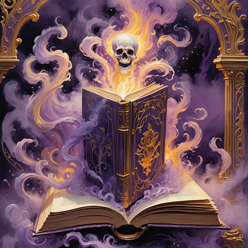 Glowing Book with Ghost in Art Nouveau Style