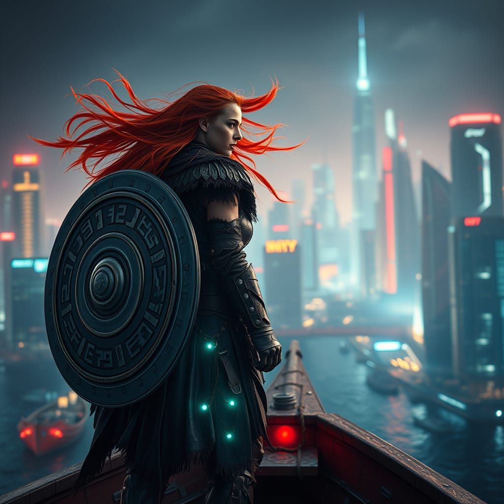 Futuristic Viking Shieldmaiden in Cyberpunk Cityscape