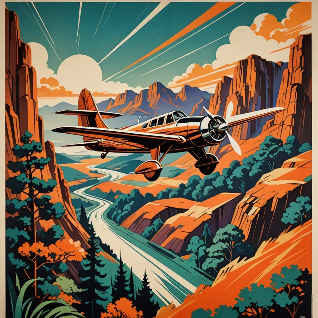 Art Deco poster. A stylized aeroplane  soaring through a vib...