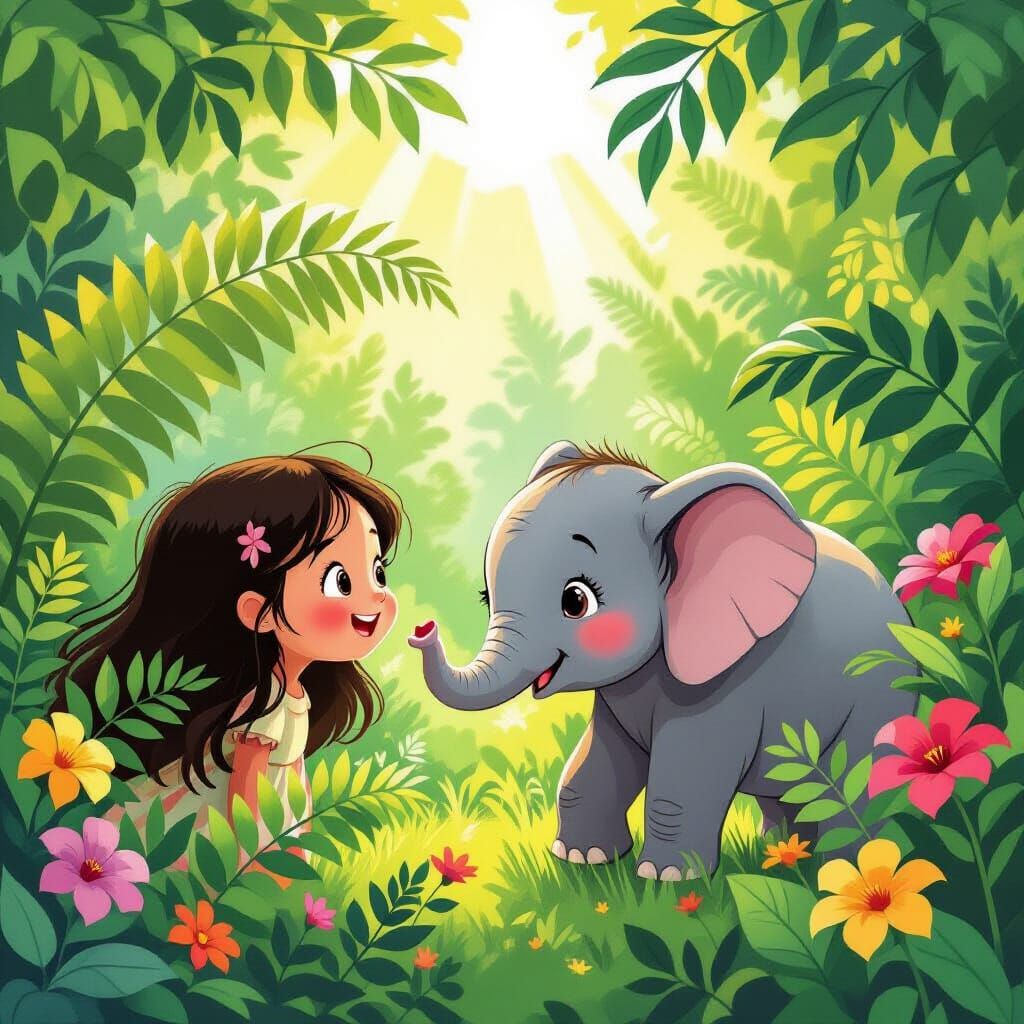 Child and Elephant Play Hide-and-Seek in Botanical Garden