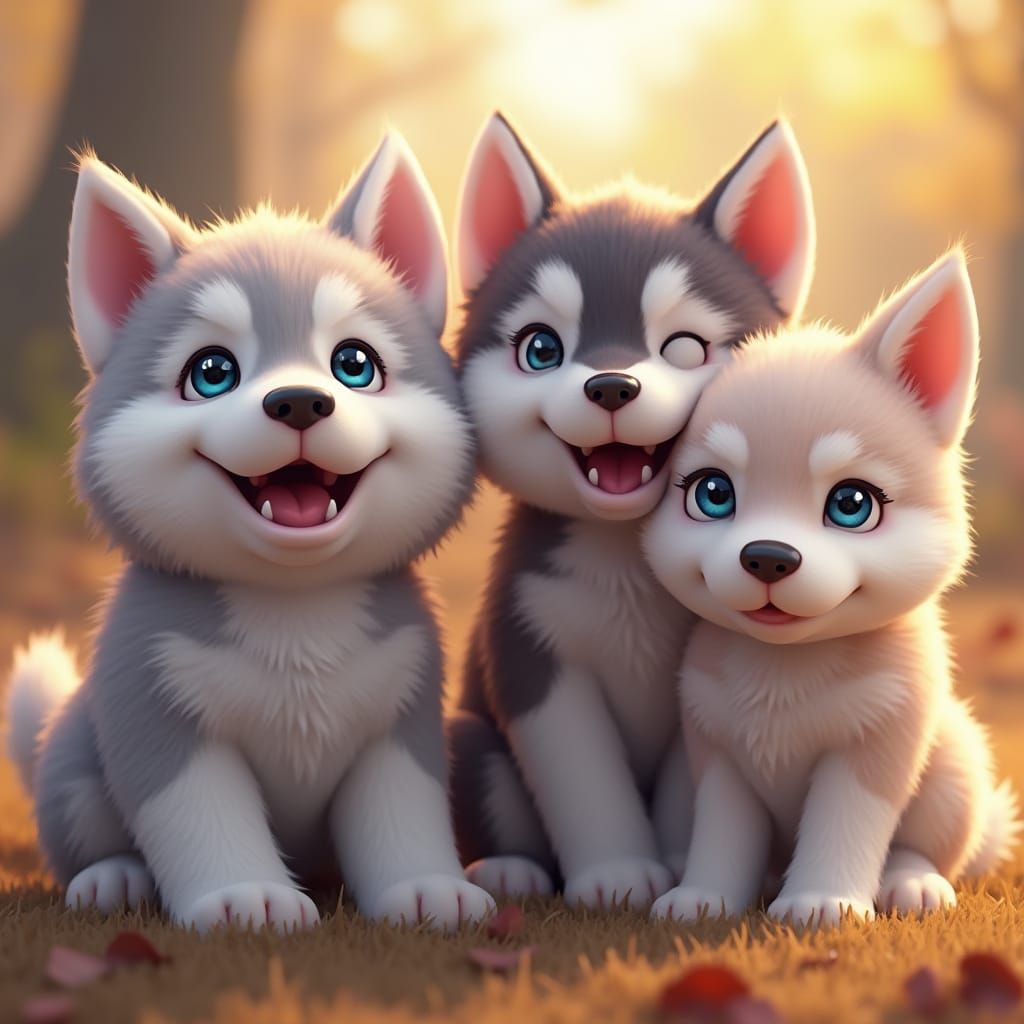 Adorable Baby Huskies Taking a Selfie in 3D Anime Style