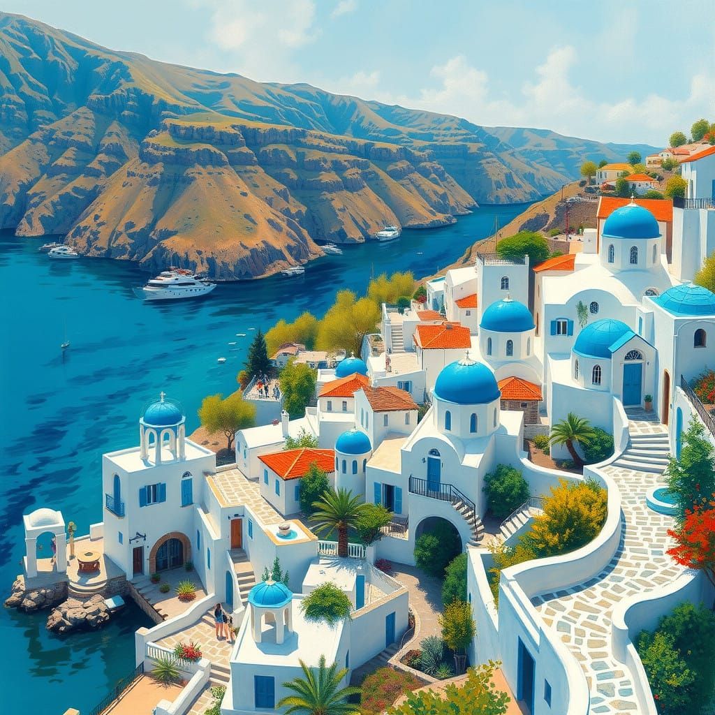 Greek Village on Turquoise Waters in Impressionist Style