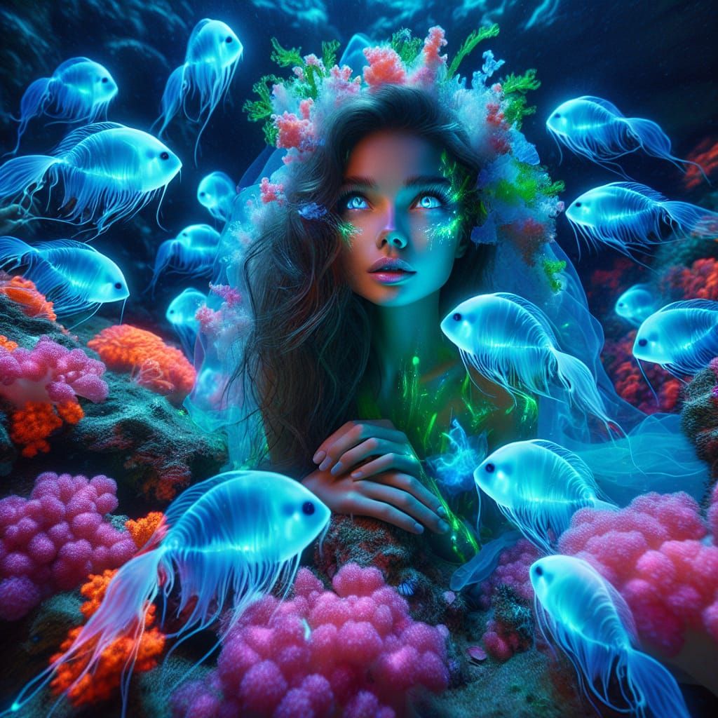 Ethereal Coral Reef Scene with Ghost Fish and Mermaid