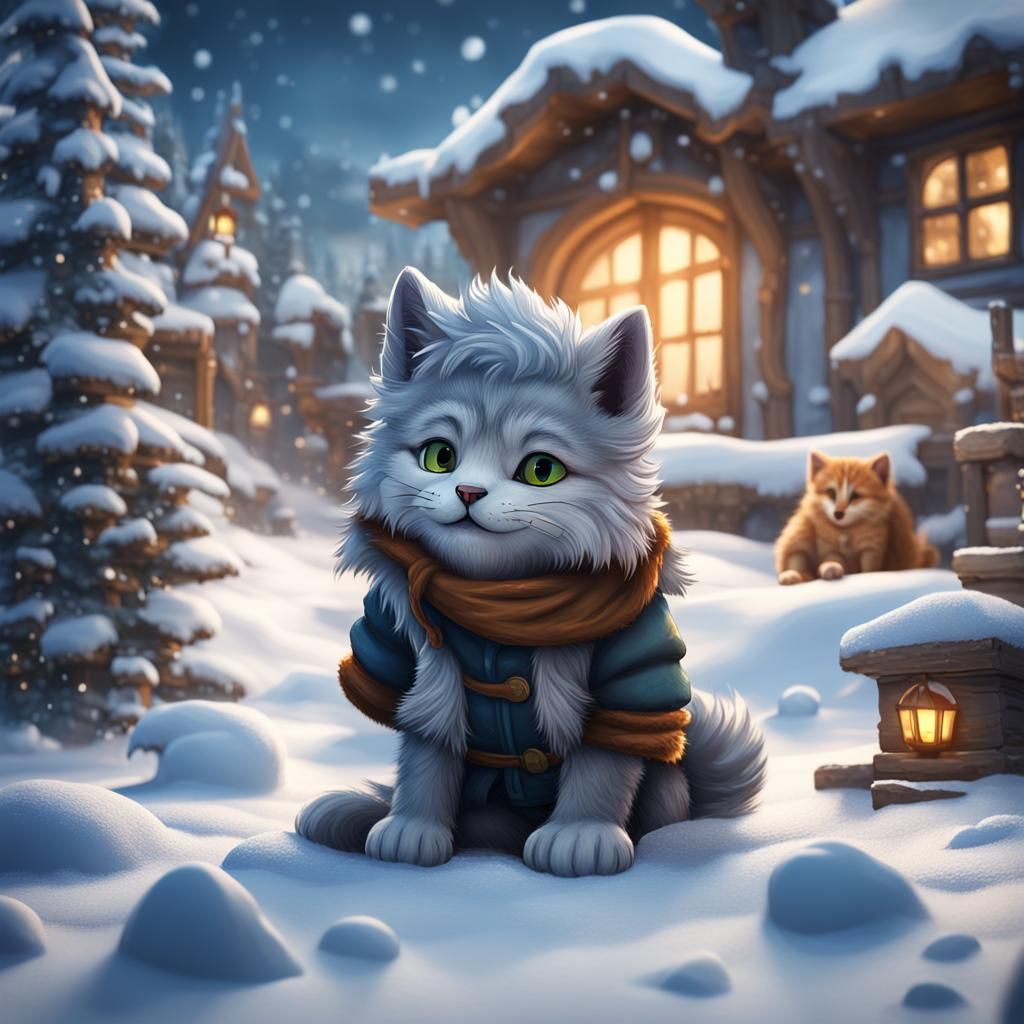 Cat and Wolf Pup Build Snow Fort