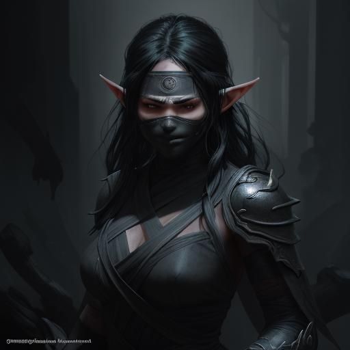 Dark Fantasy Elf Ninja in Charcoal Drawing