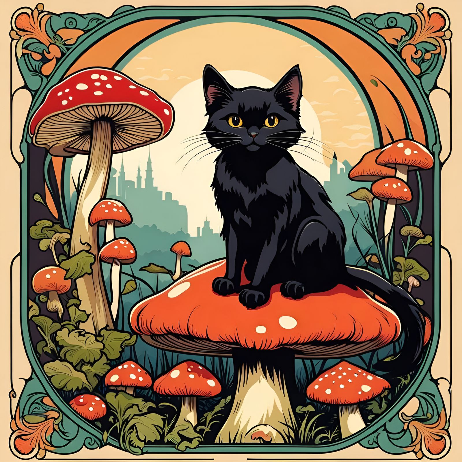 Cat on Mushroom in Art Nouveau Style