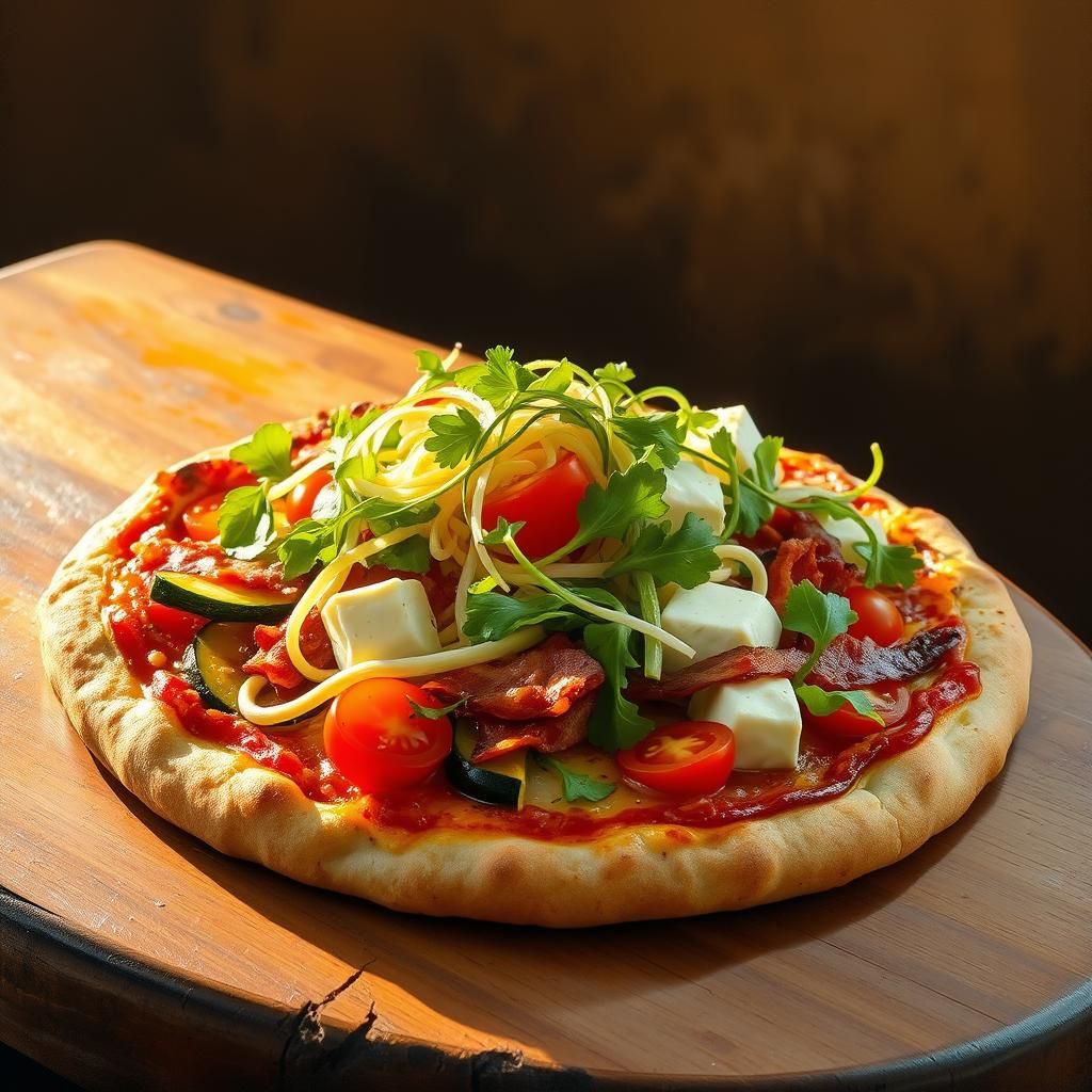 A pizza bar with Zucchini, Lotus Root, Sauerkraut, Tomatoes,...