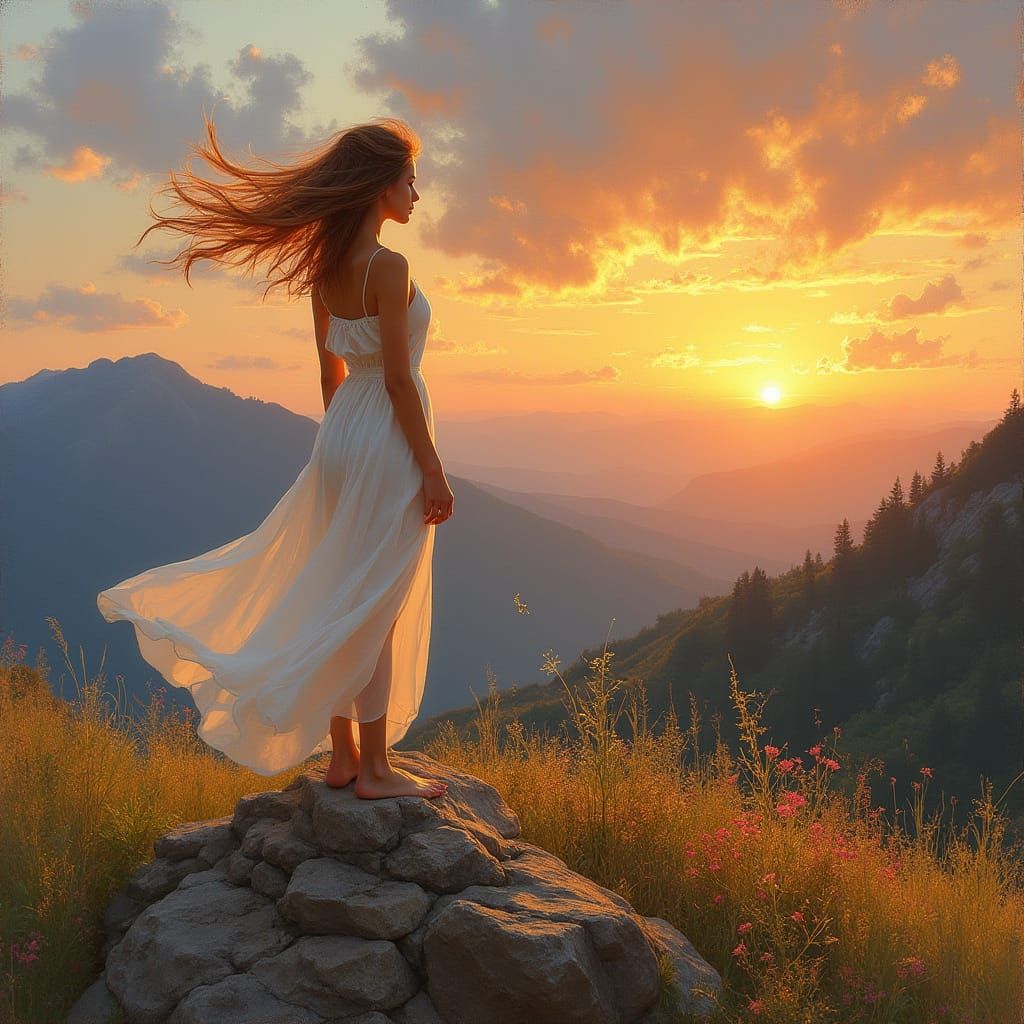 Woman on Mountaintop at Sunset in Impressionistic Style