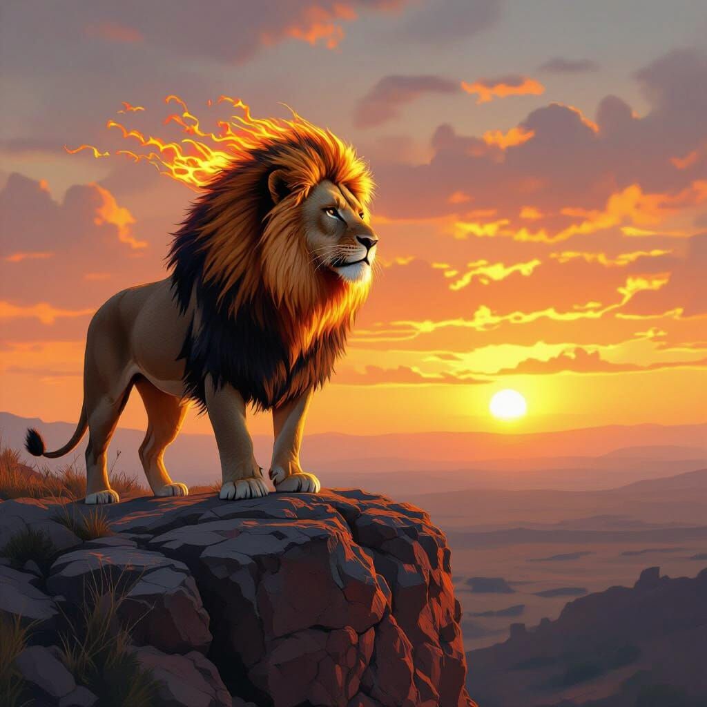 Lion with Flaming Mane at Sunset: Hyperrealistic Art