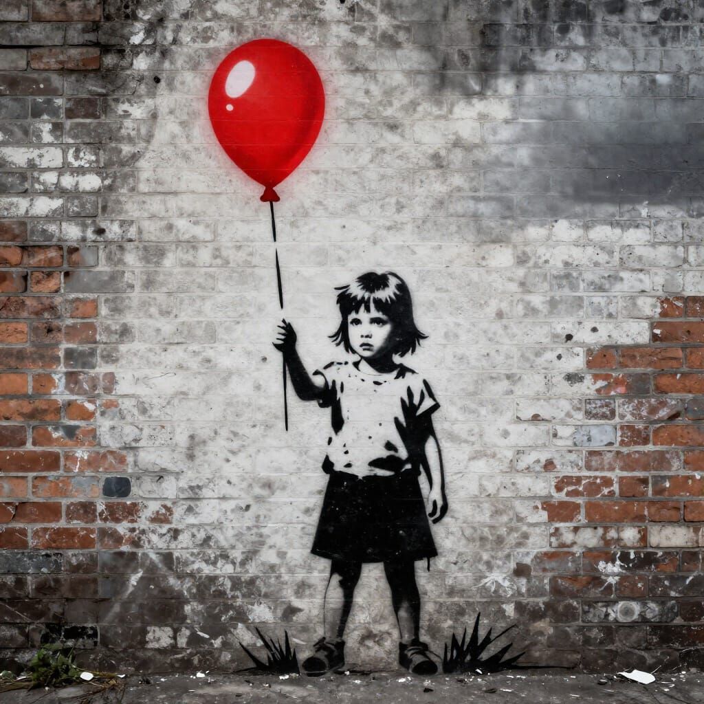 Banksy-Style Street Art: Defiant Child with Red Balloon