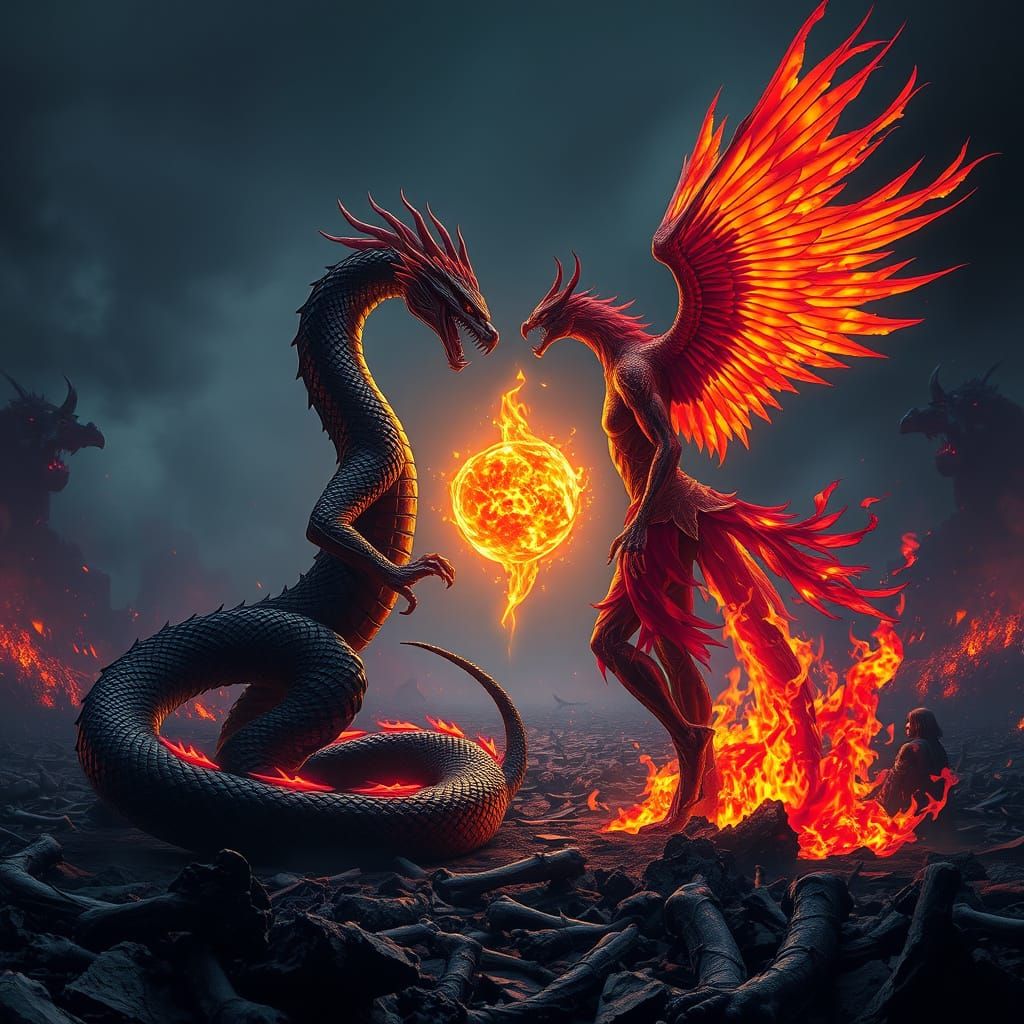 Serpent-Human and Phoenix Figure in Fiery Battle
