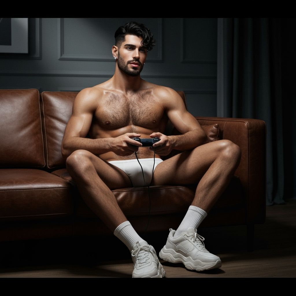 Muscular Man with Diamond Earrings on Couch