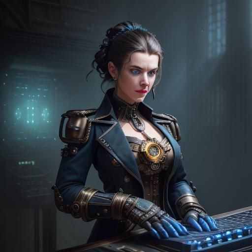 Steampunk Woman Activates Time Machine Console