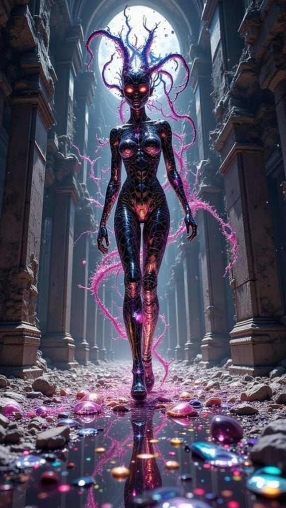 Surreal Dancer Amidst Starlit Ruins in Gothic Horror Style