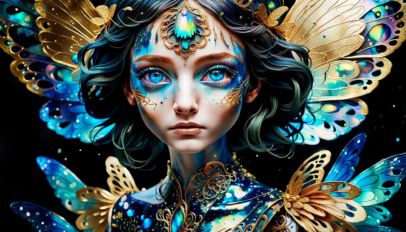 Ink Splatter Fairy with Gold Filigree Wings