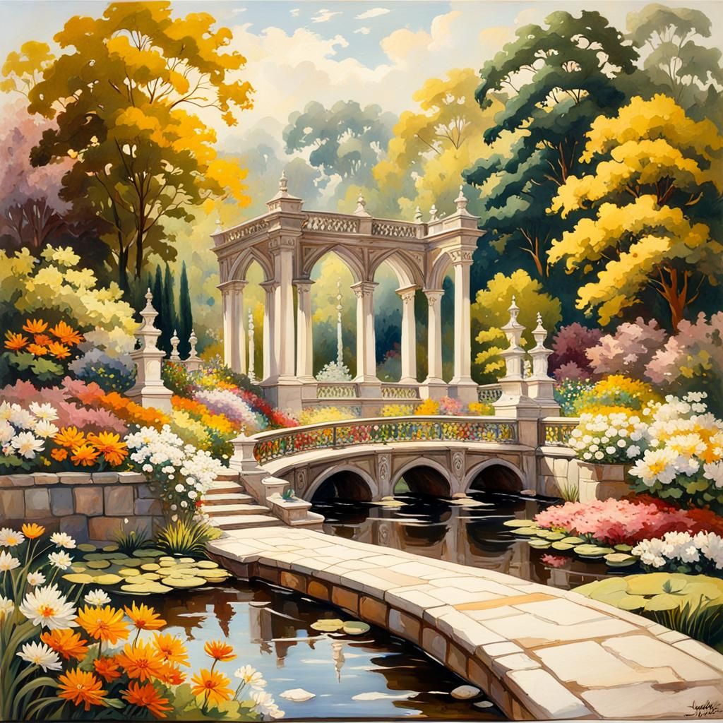 Victorian Garden and Mansion in Impressionist Style