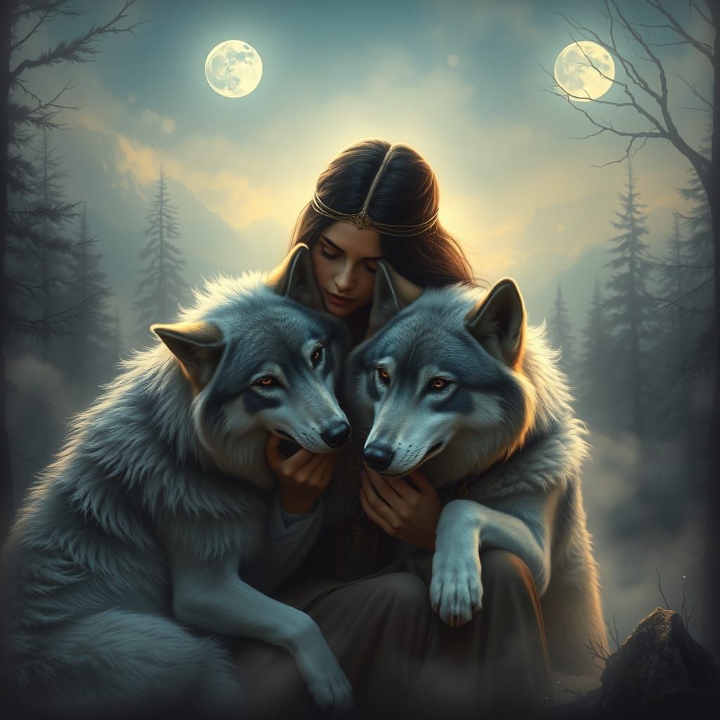 Mystical Native American Woman Cradles Wolves in a Moonlit F...