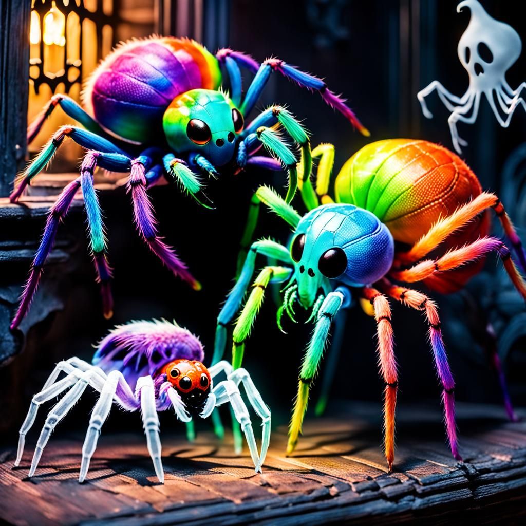 a rainbow colored rainbow spider and a ghost spider in a hau...