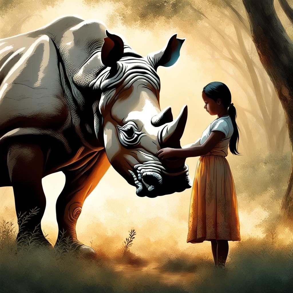 Girl Petting Rhino in Harmonious Graffiti Art