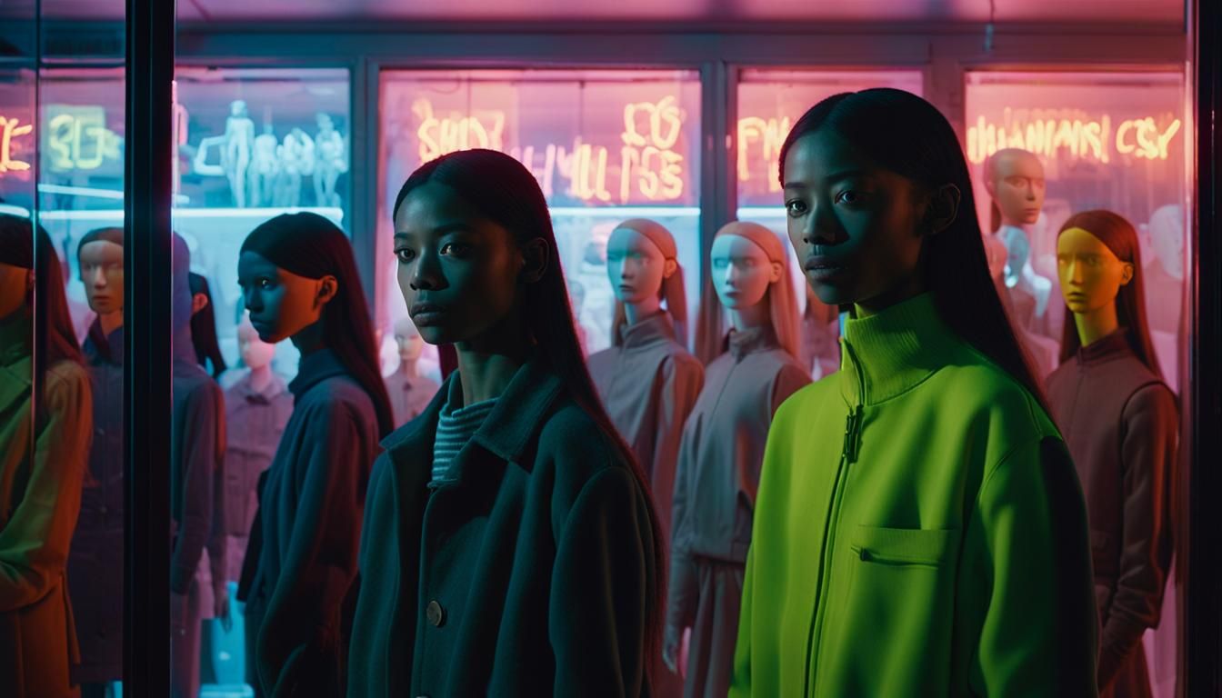 Melancholic Woman Before Shop Window in Burning City