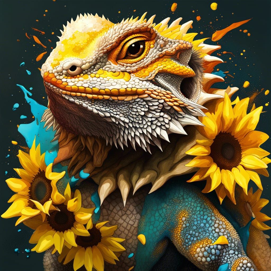 Hyperrealistic Bearded Dragon with Sunflowers