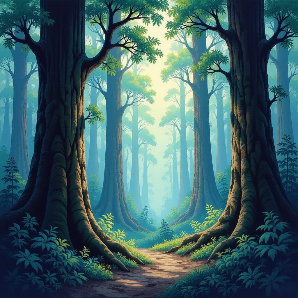 Enchanted Forest: Detailed Charcoal Drawing in Gouache Style