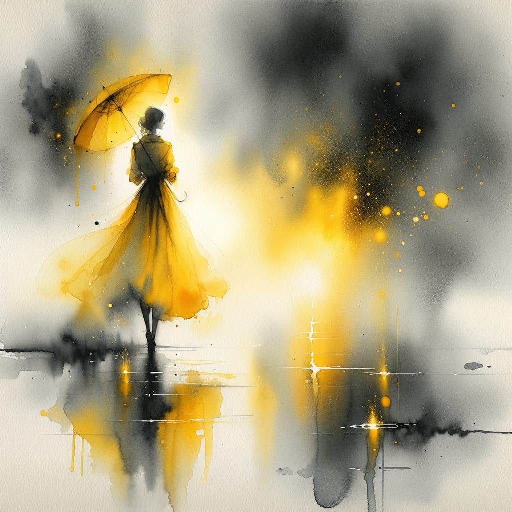 Woman in Yellow Coat: Minimalist Watercolor Dreamscape