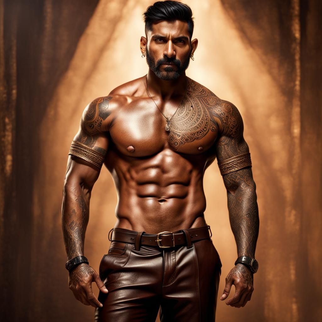 Muscular Indian Man with Tattoos in Digital Art