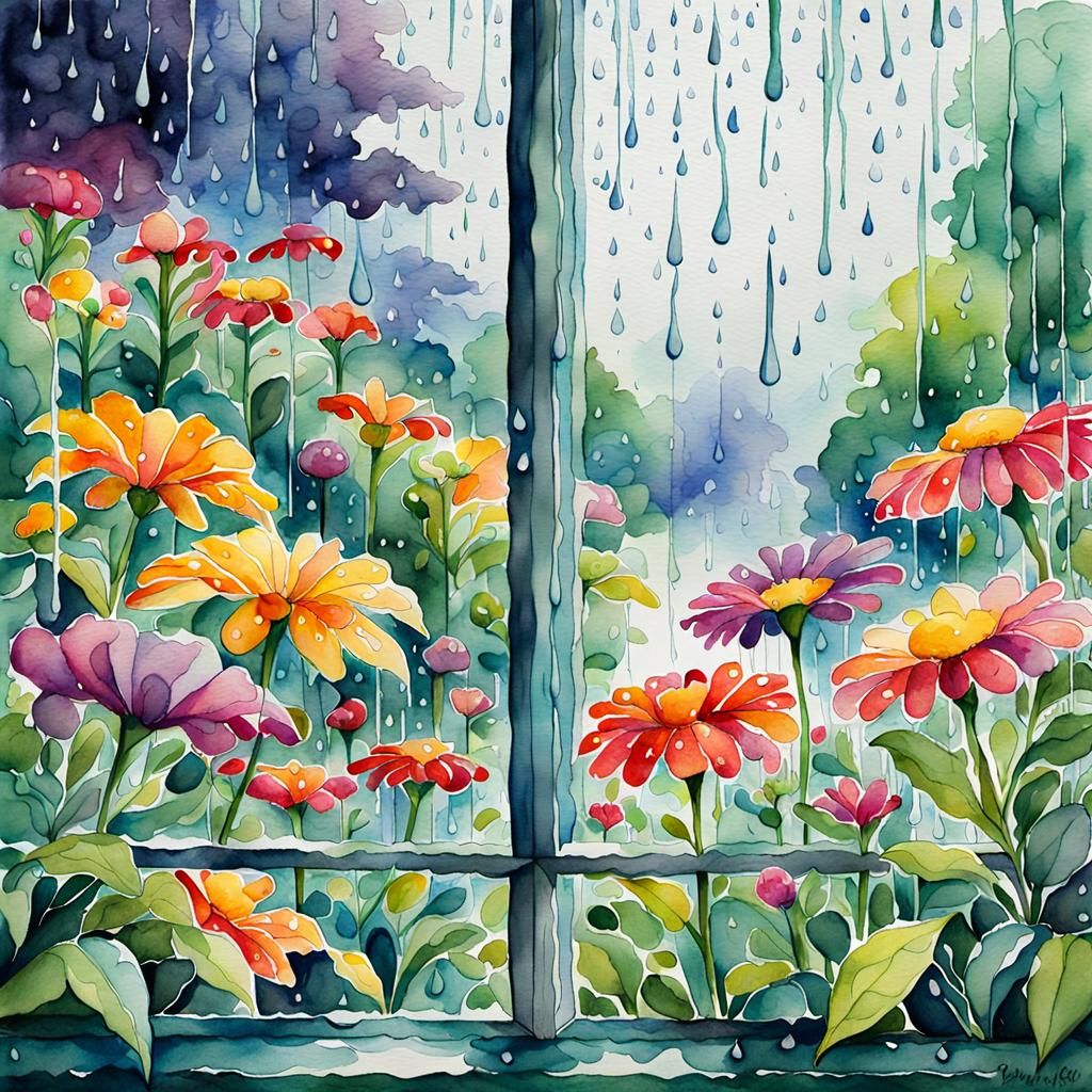 Rainy Day Window View Watercolor Painting