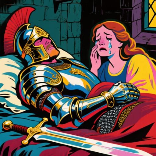 Hero Awakens to Sword and Sorrow in Pop Art Style