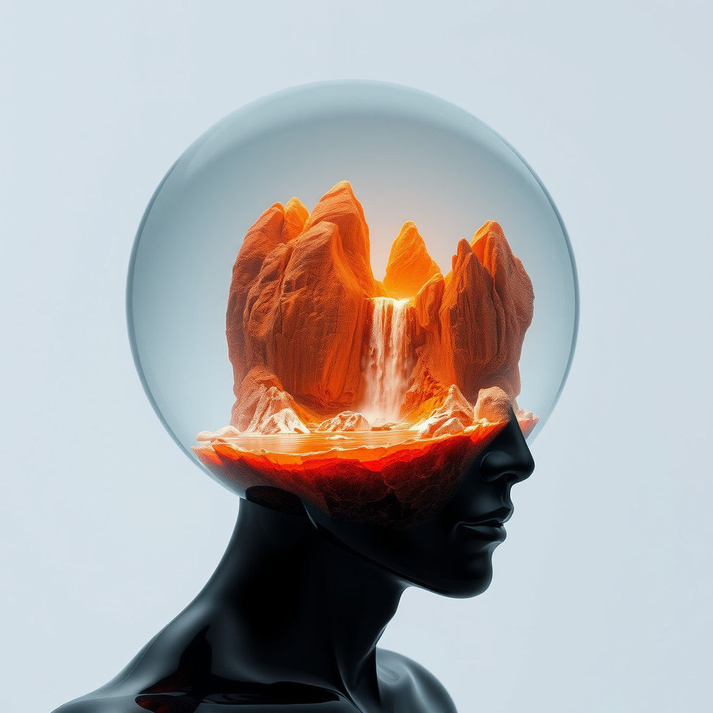 abstract humanoid whose head is a giant black crystal sphere...