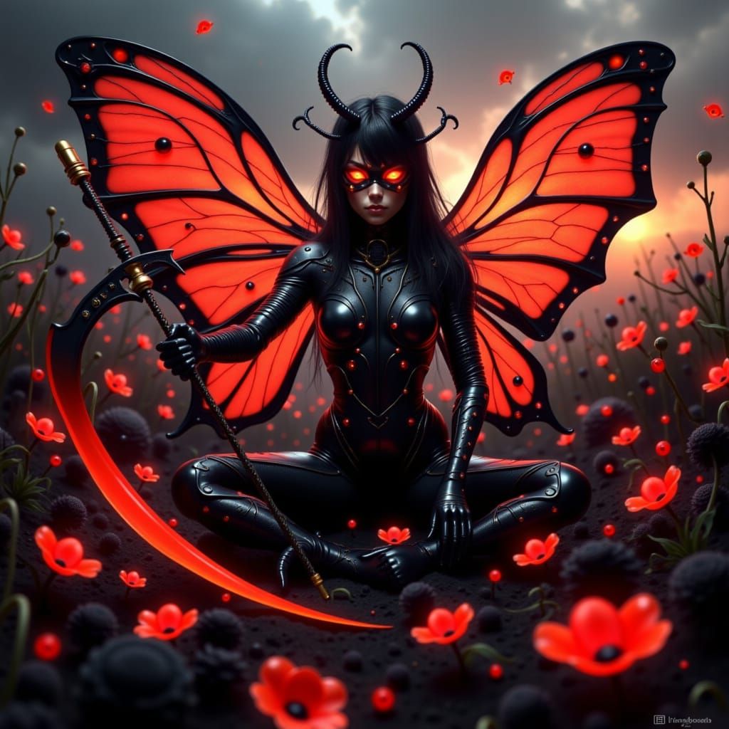 Ladybug Queen in Metallic Armor with Gothic Scythe