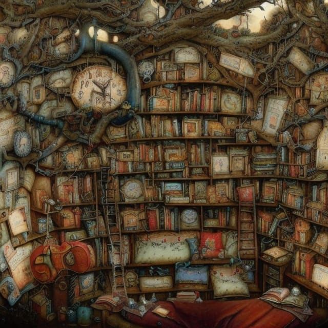 Steampunk Treehouse Bedroom with Colorful Birds