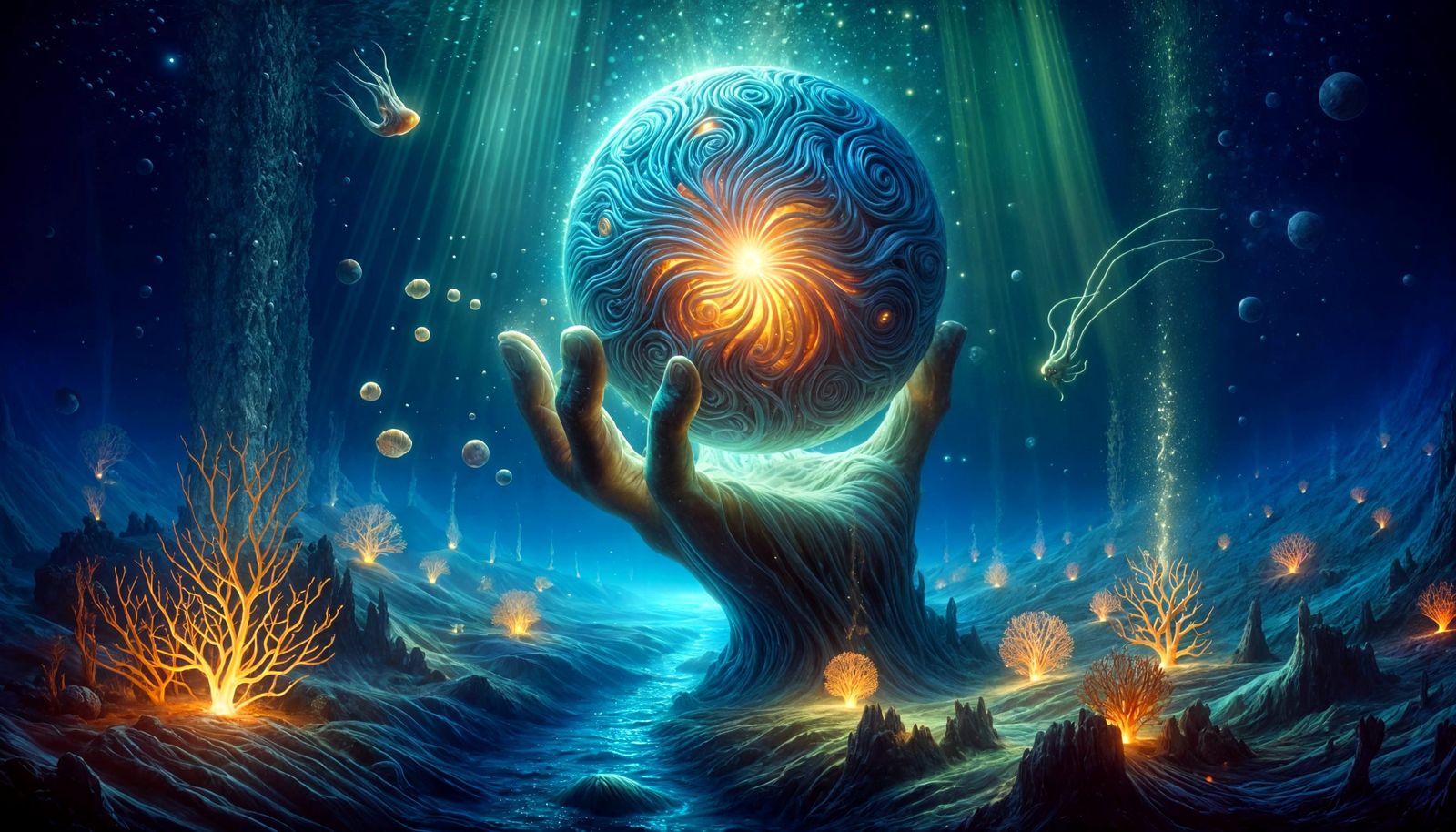 Ocean Hand Cradling Bioluminescent Life in Post-Impressionis...