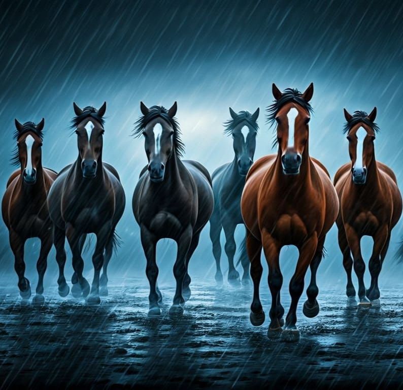 Horses Galloping Through Rainy Midnight Valley in Profession...